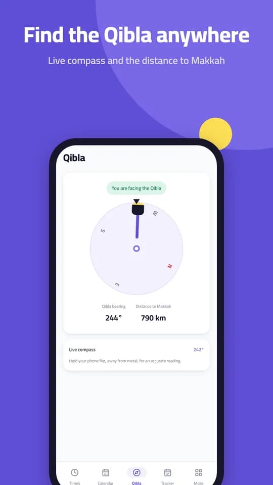 In Time Prayer: Qibla compass pointing to Makkah